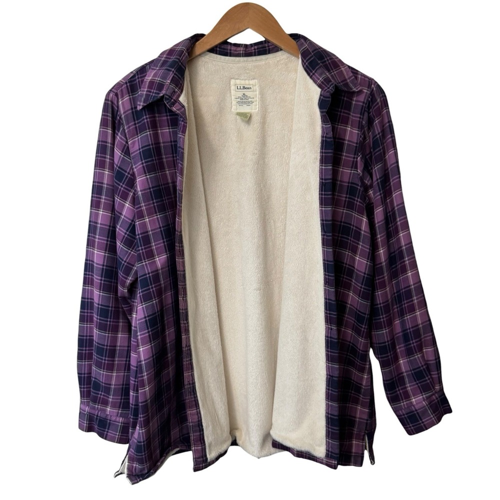 LL Bean Womens Purple Navy White Plaid Fleece Lined Flannel Shacket Jacket XL - Picture 2 of 11